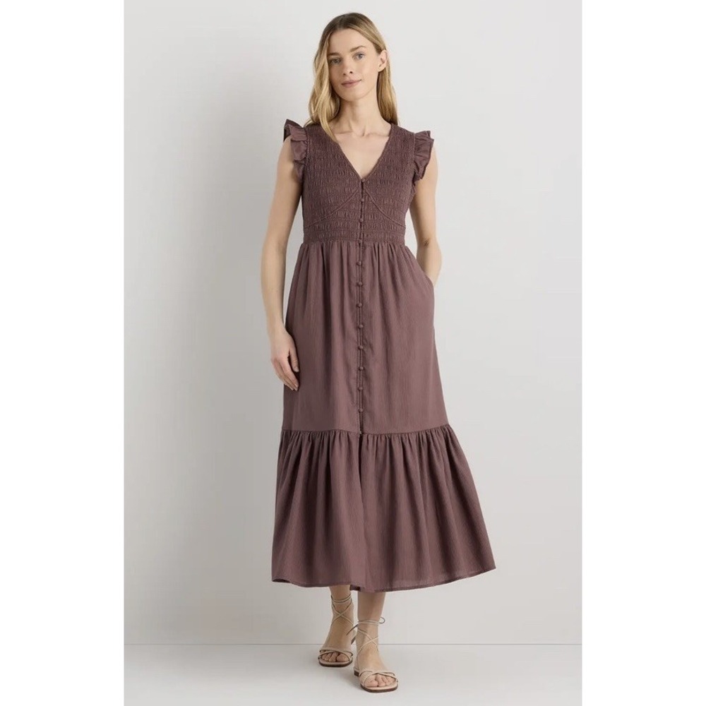 Quince Organic Textured Cotton Smocked V-neck Midi Taupe Brown Large